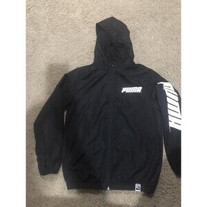 PUMA Boys Windbreaker Lightweight Full Zip Hooded Jacket Black/White L LARGE 10/